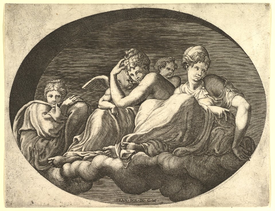 Venus and Cupid, Two Other Goddesses, and a Putto, from a series of eight compositions after Francesco Primaticcio's designs for the ceiling of the Ulysses Gallery (destroyed 1738-39) at Fontainebleau MET DP821328