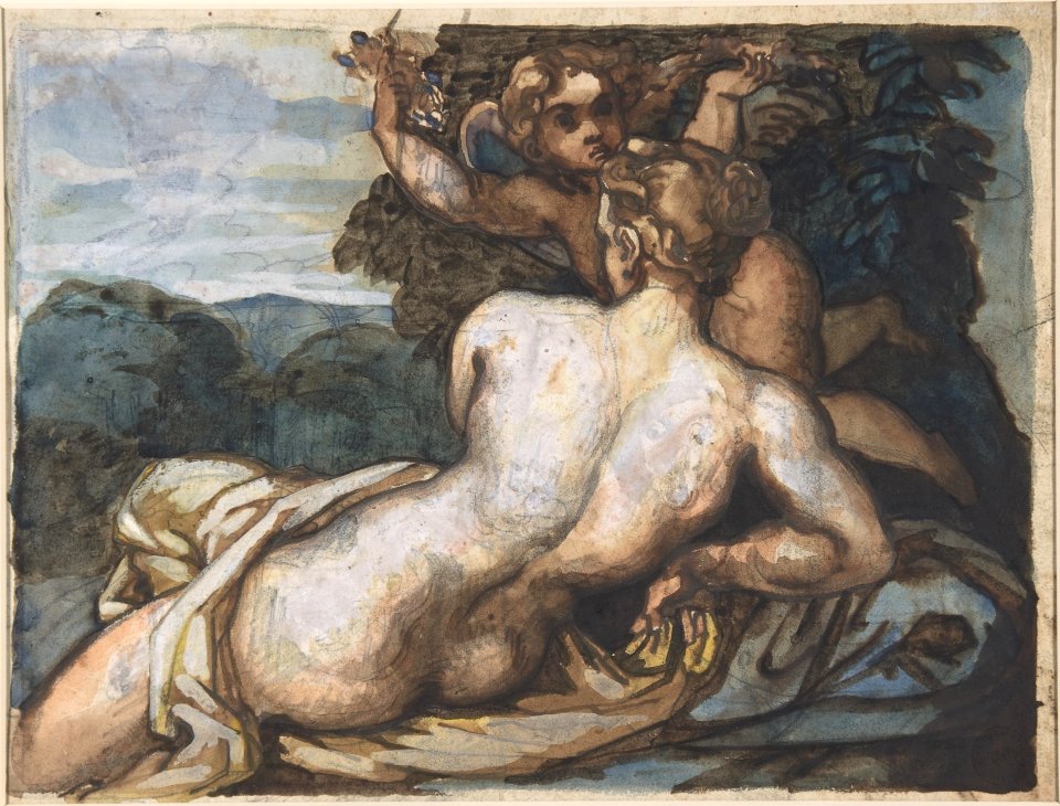 Venus and Cupid in a Landscape, after Annibale Carracci (recto); A Warrior Holding a Shield and Sword, Seen from the Back (verso) MET DP806429