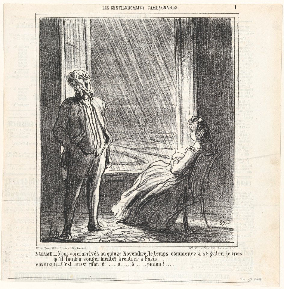 We are approaching mid-November when the weather starts getting nasty, from 'The countryside gentlemen,' published in Le Charivari, November 28, 1864 MET DP877203