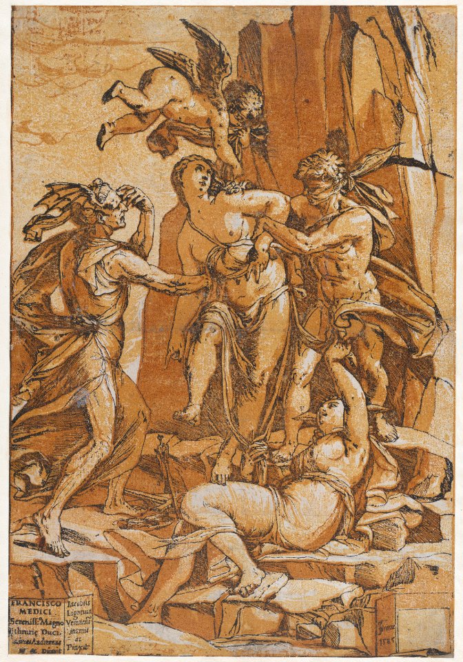 Virtue as a young woman in the centre of four figures representing love, error, ignorance and opinion MET DP875547