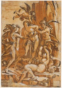 Virtue as a young woman in the centre of four figures representing love, error, ignorance and opinion MET DP875547