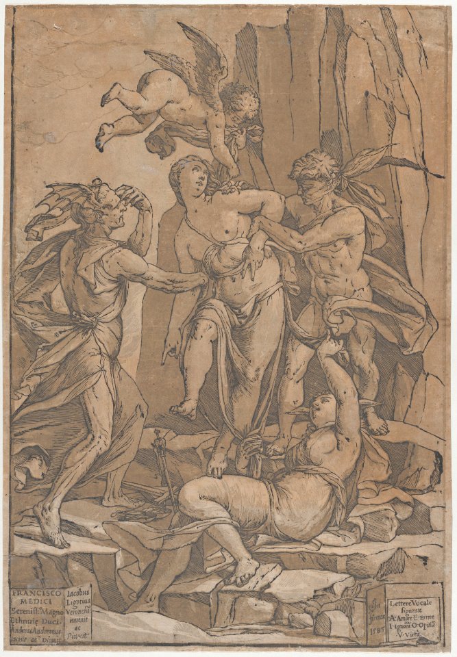 Virtue as a young woman surrounded by four figures representing love, error, ignorance and opinion MET DP875546
