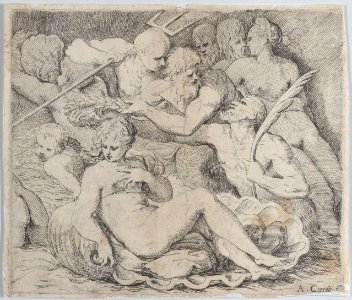 Venus, recumbent on a shell, surrounded by sea gods Met DP885716