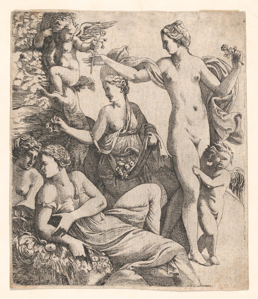 Venus, standing with the three Graces, is offered a flower from a putto MET DP874269
