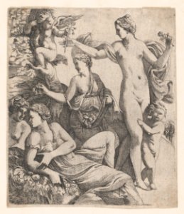 Venus, standing with the three Graces, is offered a flower from a putto MET DP874269