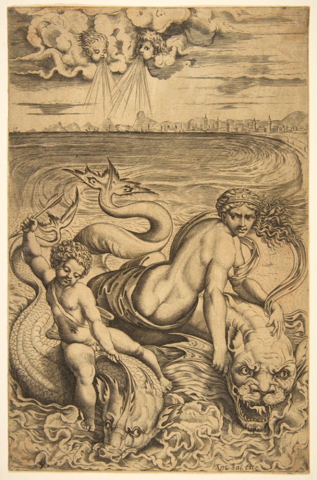 Venus and Cupid riding two sea monsters, Cupid raises an arrow in his right hand, two heads representing wind in the clouds above MET DP818707