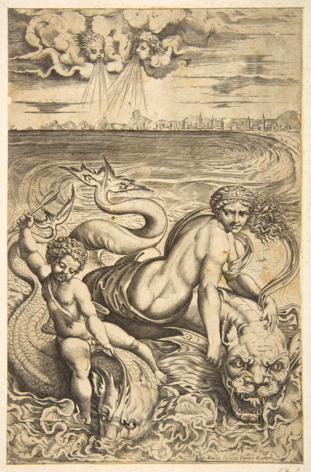 Venus and Cupid riding two sea monsters, Cupid raises an arrow in his right hand, two heads representing wind in the clouds above MET DP818706