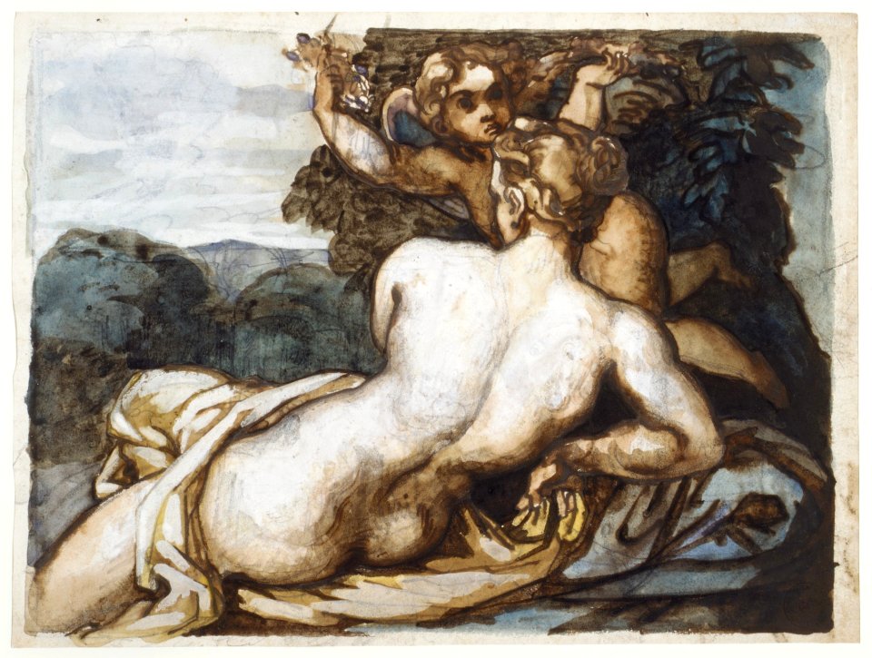 Venus and Cupid in a Landscape, after Annibale Carracci (recto); A Warrior Holding a Shield and Sword, Seen from the Back (verso) MET DR129