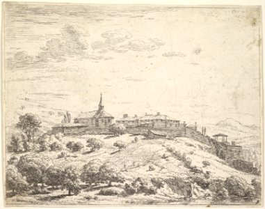 Walled village on a hill, with church at left and buildings constructed on the downslope at right, trees and hillside in the foreground MET DP828270