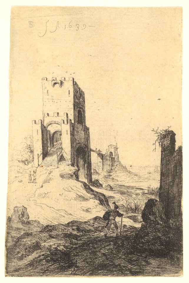 View of Ponte Mammolo, a bridge in the background, a tower with ramp in the middle ground, a man with a walking stick in the foreground, from the series 'The Ruins of Rome' MET DP828331