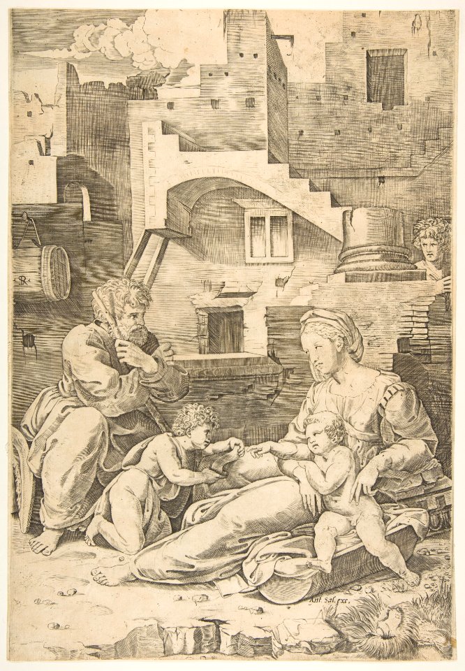 Virgin of the Long Thigh; the Virgin reclining on the ground her left leg outstretched supporting the infant Christ who reaches across to the infant John the Baptist, Joseph seated at left, buildings in the background MET DP818645