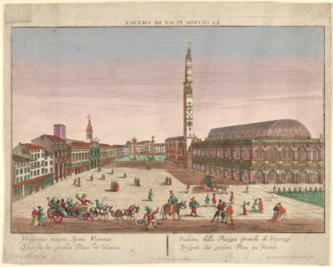 View of the Piazza dei Signori of Vicenza with horse-drawn carriages and figures walking in the square MET DP831922