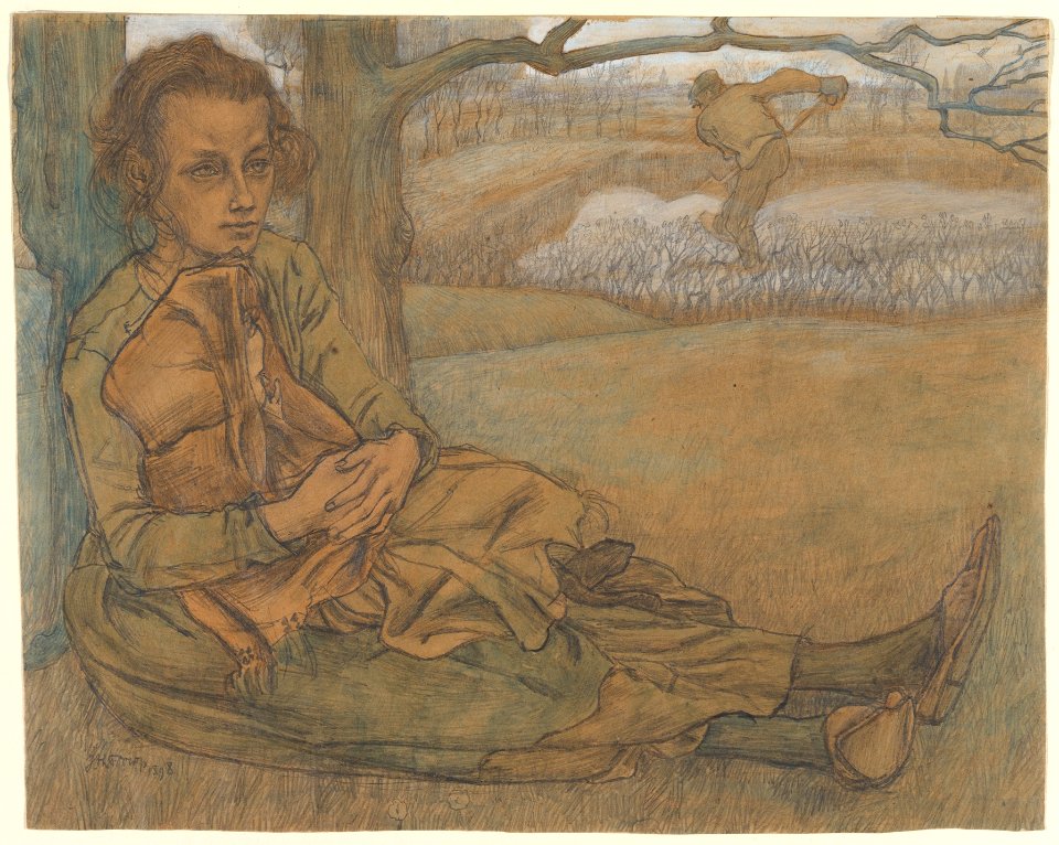 Woman and Child Resting, a Man Working in the Field Beyond MET DP827887