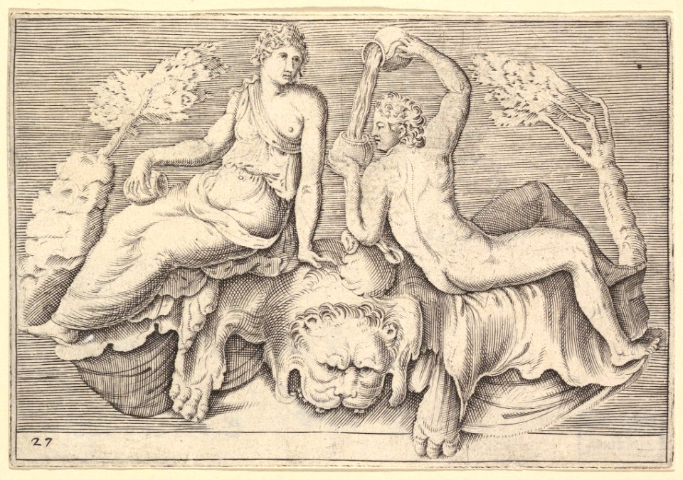 Woman and Man Seated on Lionskin, Man Pouring Wine MET DP819673