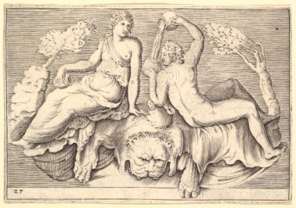 Woman and Man Seated on Lionskin, Man Pouring Wine MET DP819673