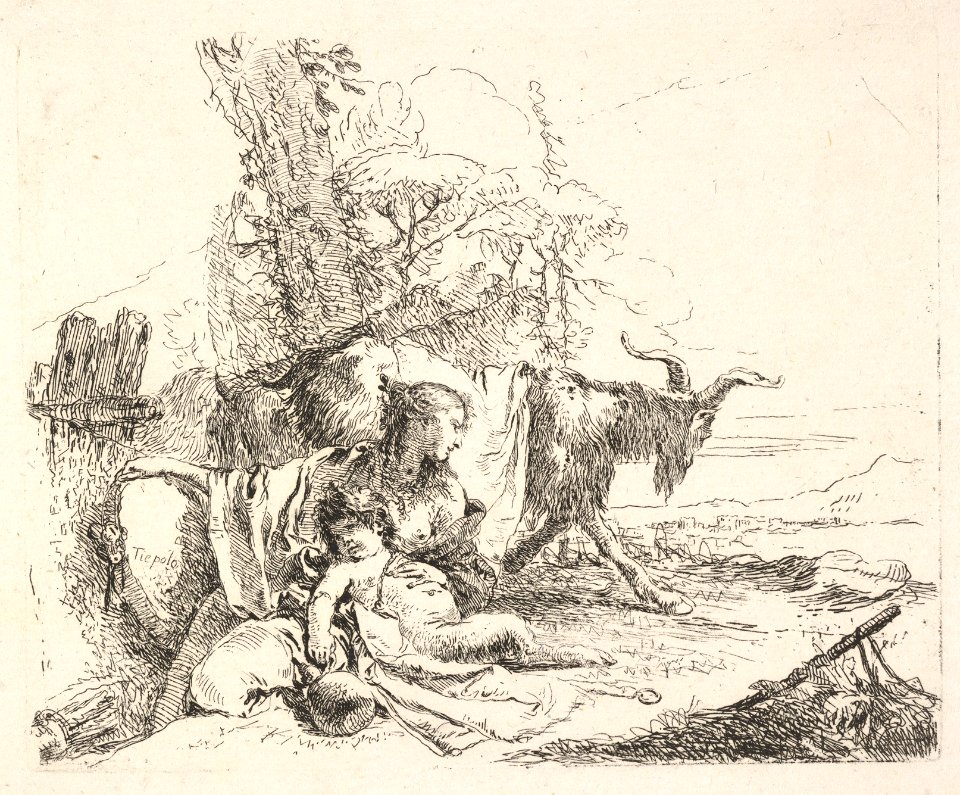 Woman and infant satyr in a landscape, the woman twisting to look over her left shoulder, a horned goat striding toward the background, from the series 'The Capricci' MET DP832513
