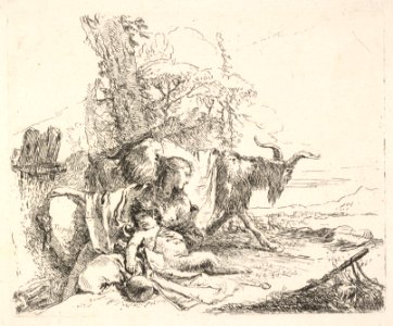 Woman and infant satyr in a landscape, the woman twisting to look over her left shoulder, a horned goat striding toward the background, from the series 'The Capricci' MET DP832513