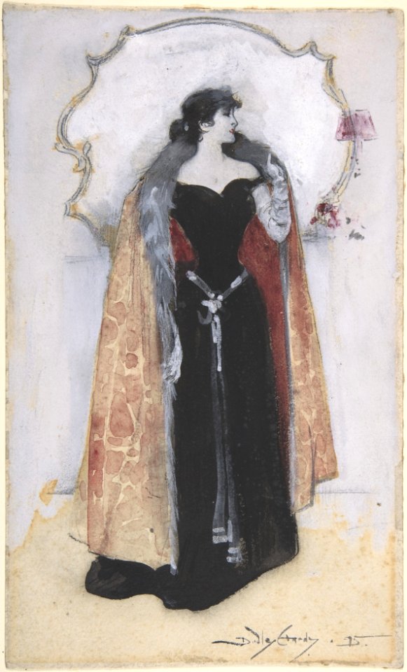 Woman in evening clothes and cape standing in front of mirror MET DP804398