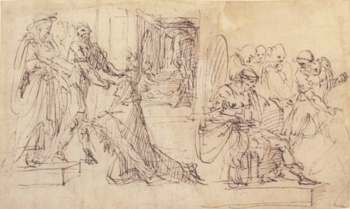 Woman Kneeling before a Standing Man, and Supplicant Kneeling before an Enthroned Male Figure MET 1970.101.6 RECTO