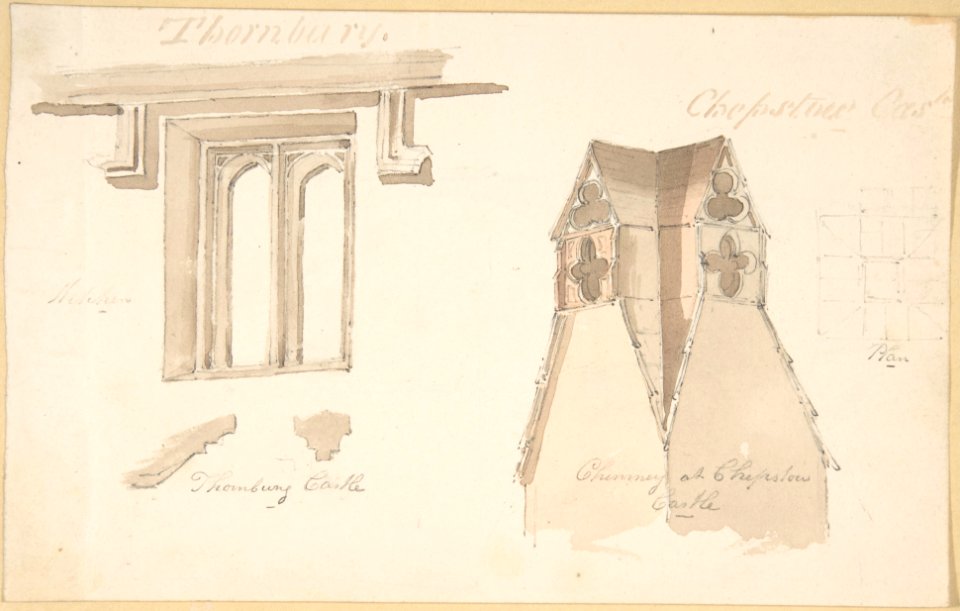 Window at Tewkesbury. Chimney, Chepstow Castle; Bridge at Chepstow (verso) MET DP806370