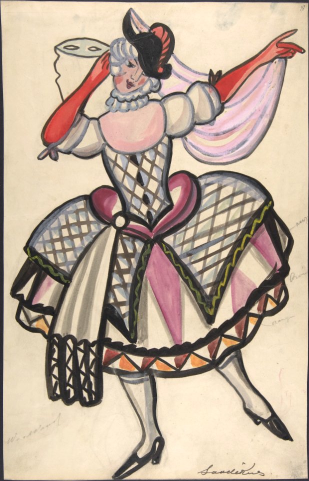 Woman in a harlequin costume holding a mask MET DP804816