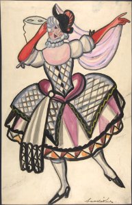 Woman in a harlequin costume holding a mask MET DP804816