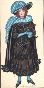 Woman in a black dress and blue boa holding a dog MET DP804834