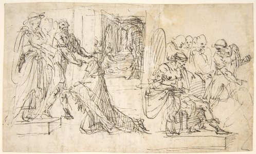 Woman Kneeling before a Standing Man, and Supplicant Kneeling before an Enthroned Male Figure MET DP809303