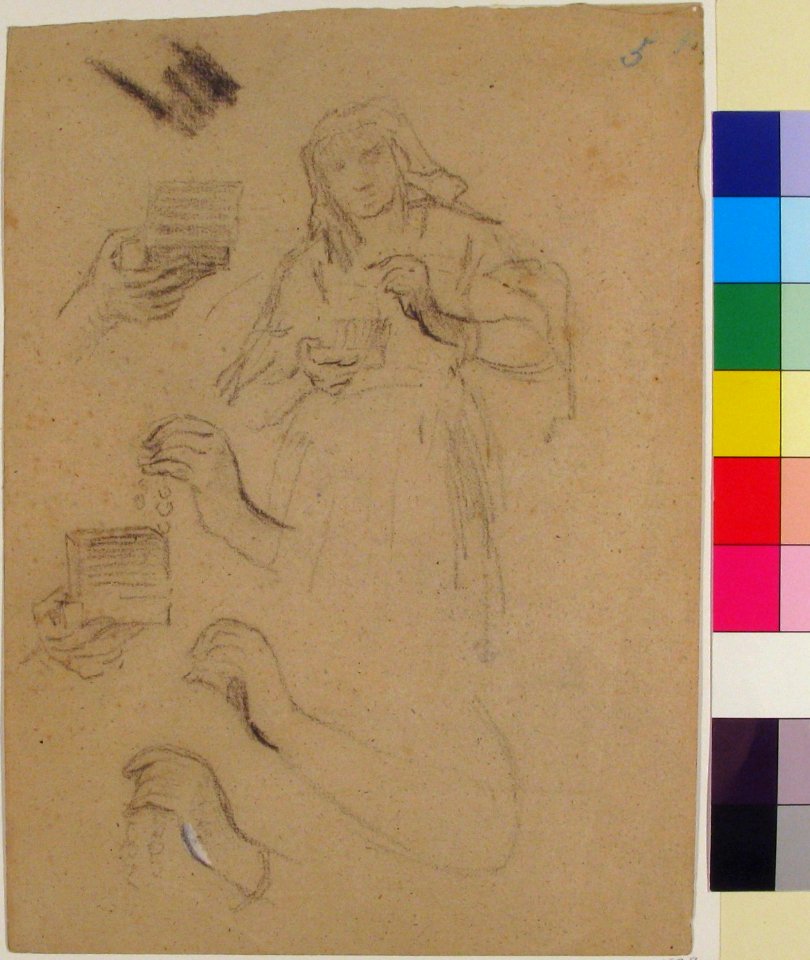 Woman holding an open jewelry box (recto); Studies for a figure composition and a leaded window (verso) MET 66.189.7