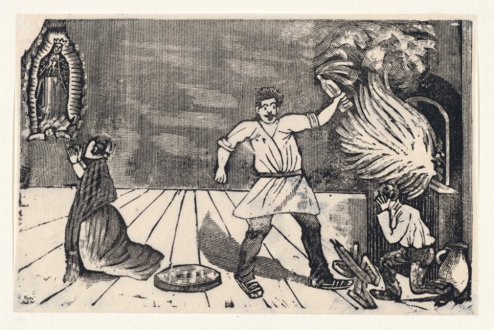 Woman praying to the Virgin of Guadalupe as her husband rages MET DP869370
