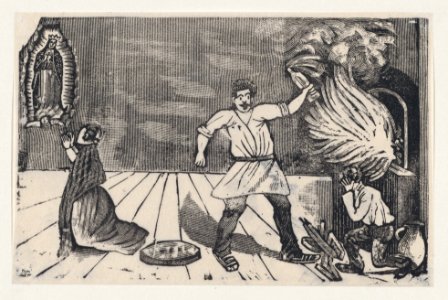 Woman praying to the Virgin of Guadalupe as her husband rages MET DP869370