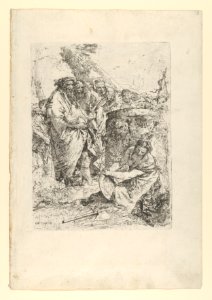 Woman kneeling in front of magicians and other figures, from the Scherzi MET DP854156