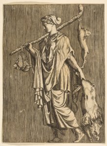 Woman returning from a hunt carrying a boar in her left hand and a stick on her right shoulder to which a hare and two ducks are tied MET DP818722