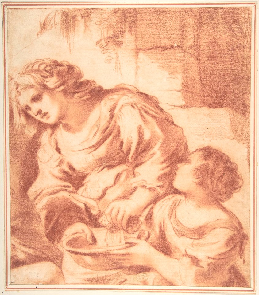 Woman Soaking a Cloth in a Bowl Held by a Girl (copy from Guercino's Saint Sebastian Tended by Irene) MET DP810225