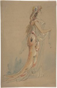 Woman Wearing a Costume Whose Bustle and Headdress are the Shape of Fishes MET DP807440