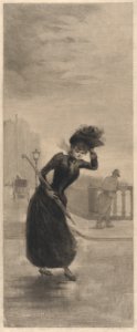 Woman Walking in the Wind Holding an Umbrella MET DP876492