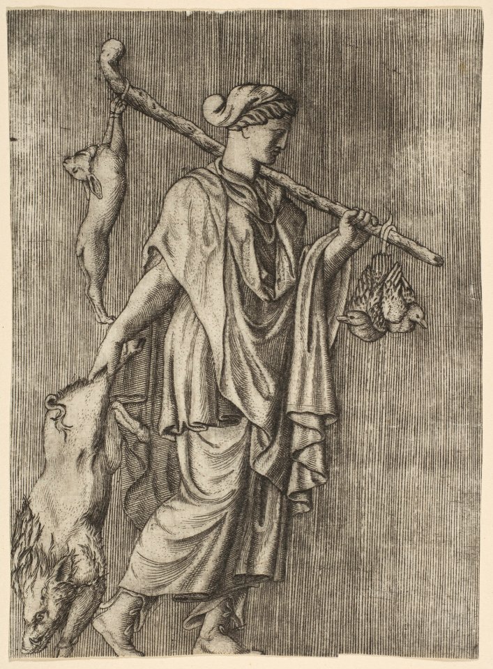 Woman returning from a hunt carrying a boar in her right hand and a stick on her left shoulder to which a hare and two ducks are tied MET DP818723