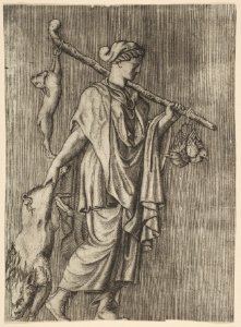 Woman returning from a hunt carrying a boar in her right hand and a stick on her left shoulder to which a hare and two ducks are tied MET DP818723