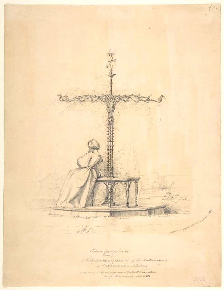 Woman seated on iron garden seat with canopy MET DP809875