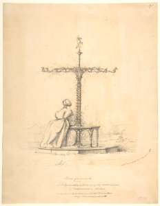 Woman seated on iron garden seat with canopy MET DP809875