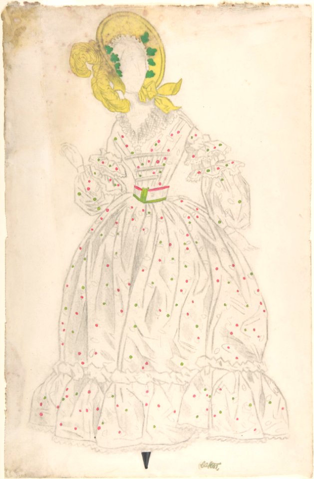 Woman wearing a yellow bonnet and polka-dot dress MET DP804798