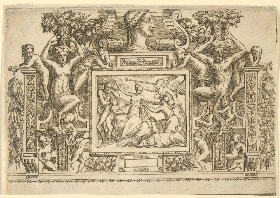 Woman seated with arms outstretched, personification of Fame with trumpet at right, set within an elaborate frame MET DP842070