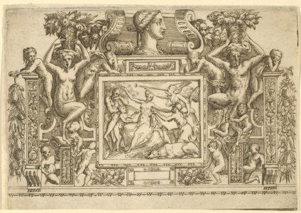 Woman seated with arms outstretched, personification of Fame with trumpet at right, set within an elaborate frame MET DP842070