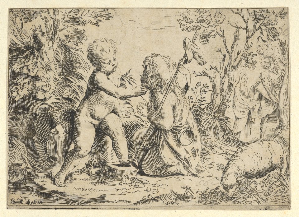 Young Saint John the Baptist kneeling before the infant Christ who caresses his face, the Virgin and Joseph in the background at right, after Reni MET DP838589