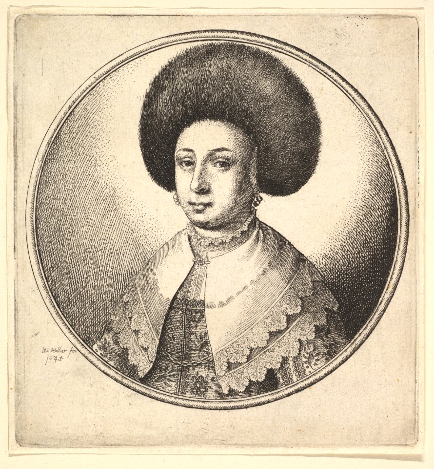 Woman with large circular fur hat and earrings MET DP823890