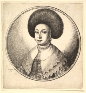 Woman with large circular fur hat and earrings MET DP823890
