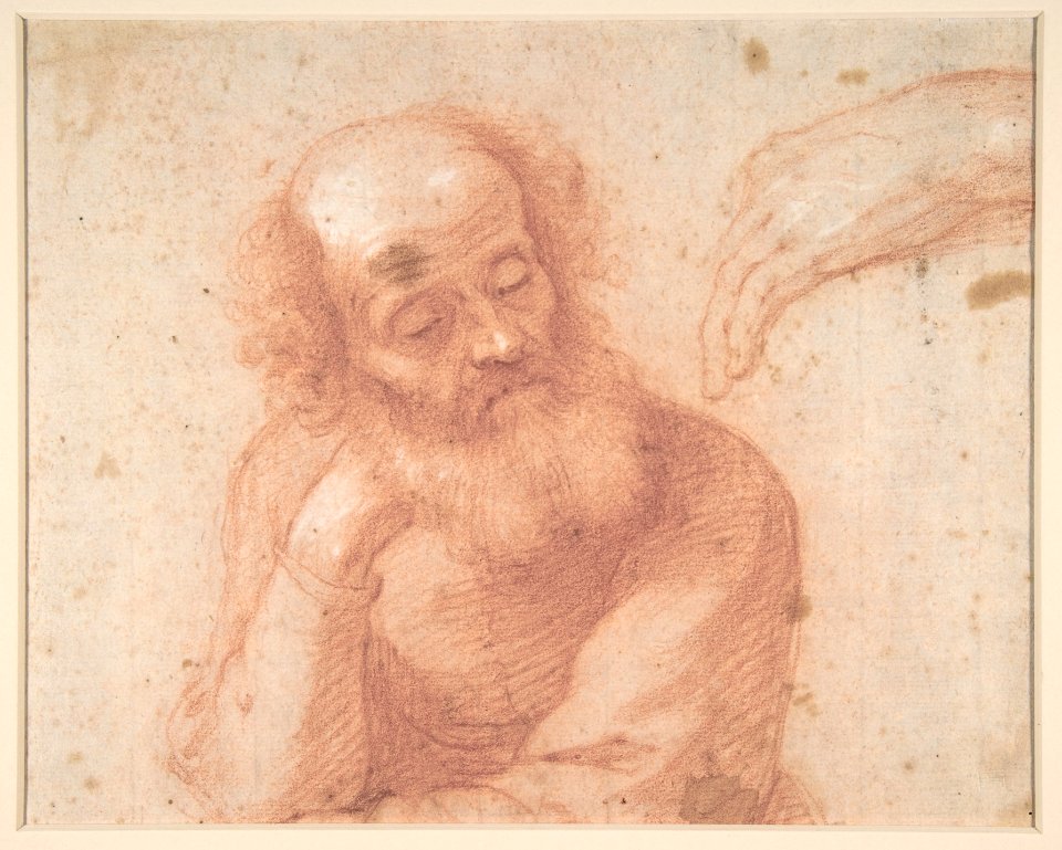 Young Woman on a Cloud with Three Figures (recto); Studies of an Old Man and a Hand (verso) MET DP809796