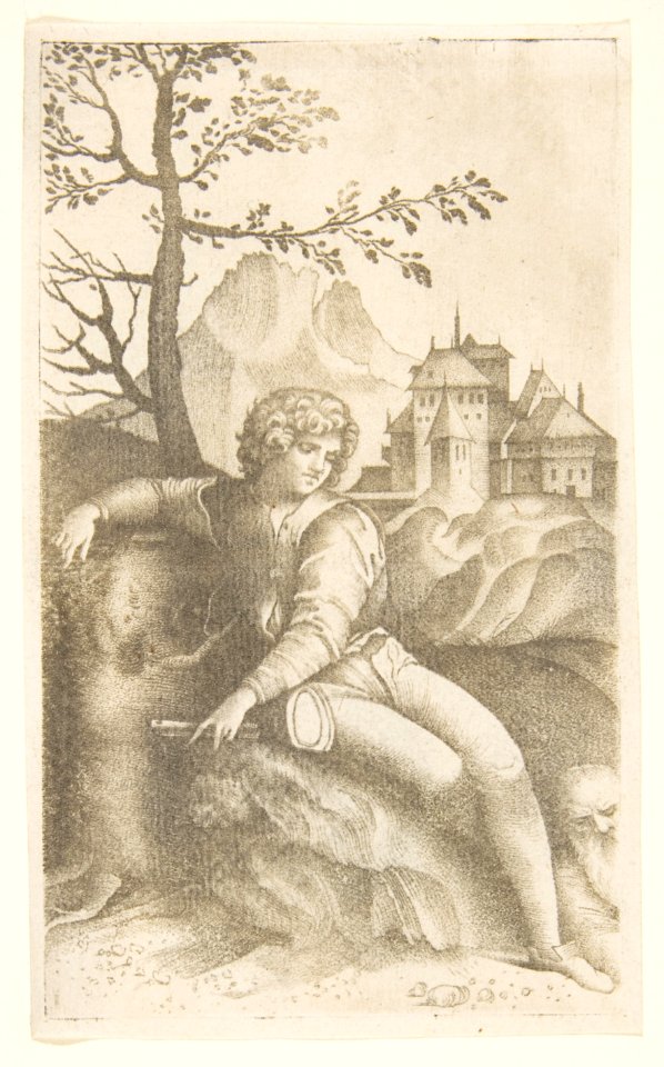 Young shepherd seated in a landscape looking toward an old man in the lower right, buildings in the background and a tree and mountain at left MET DP813973