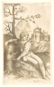 Young shepherd seated in a landscape looking toward an old man in the lower right, buildings in the background and a tree and mountain at left MET DP813973