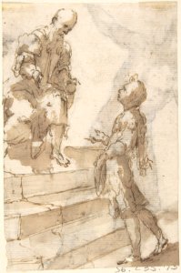 Young Man Approaching Old Bearded Man Who Stands on Steps (recto); Male Nude with Bent Right Knee (verso) MET DP800391